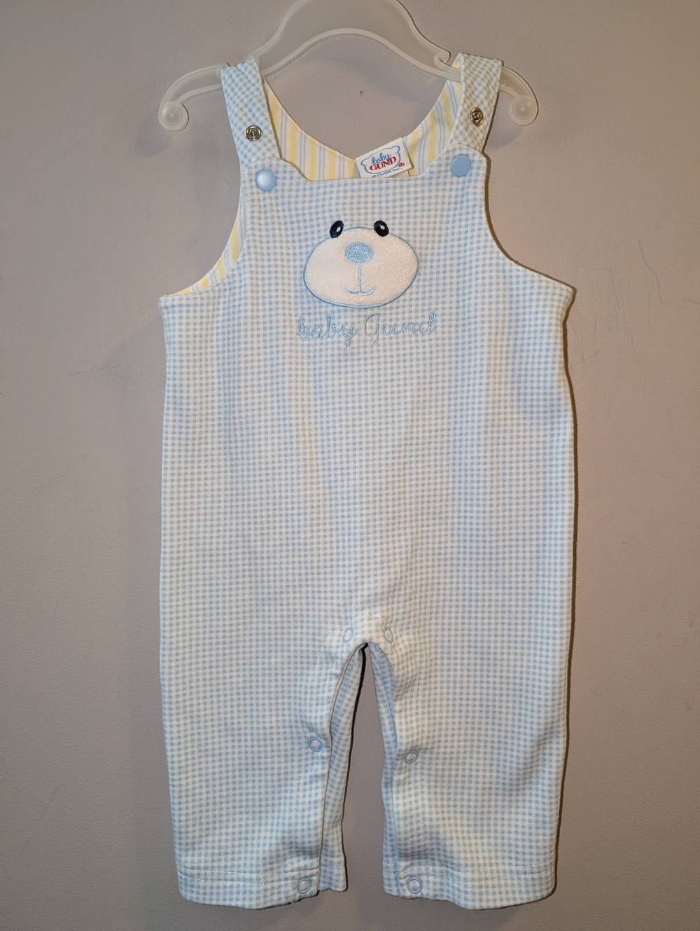 🐻 Baby Gund Blue Gingham Bear Cotton Overalls 6-9 Months Striped Lining Snaps